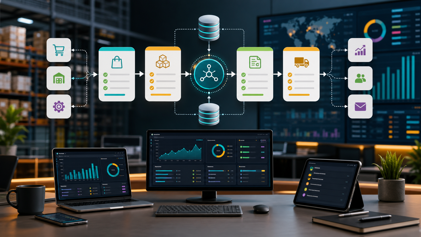 AutoCount API integration flow connecting orders, stock, invoices, delivery and dashboards